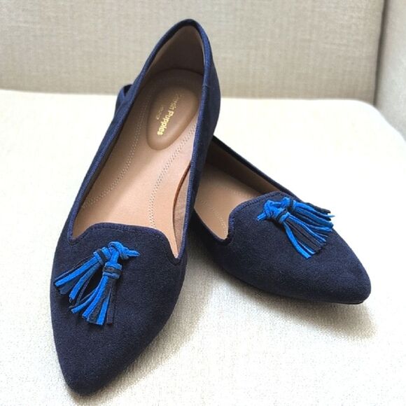 Hush Puppies Sadie Tassel Slip On Loafers Blue Suede Flat Shoes Size 9.5Wide - Picture 1 of 11